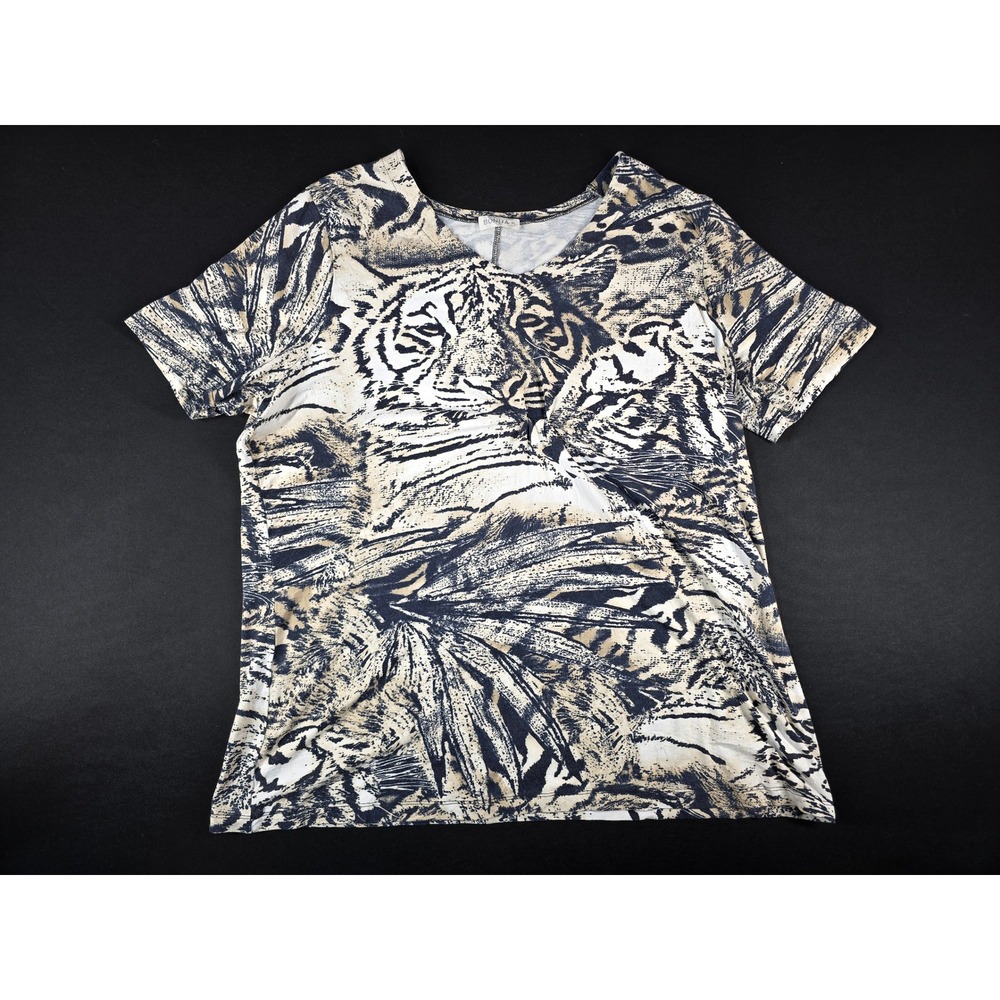 Bonita Womens XL Tiger Print V-Neck Short Sleeve Top Viscose Stretch Navy Tan